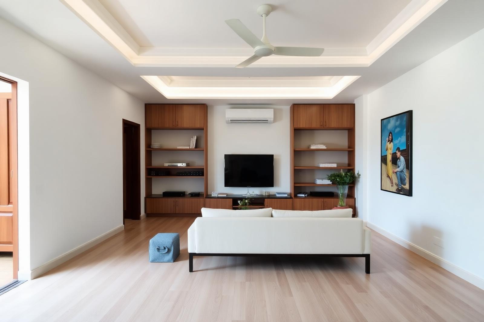 The same living area after renovation with new flooring and plaster ceiling