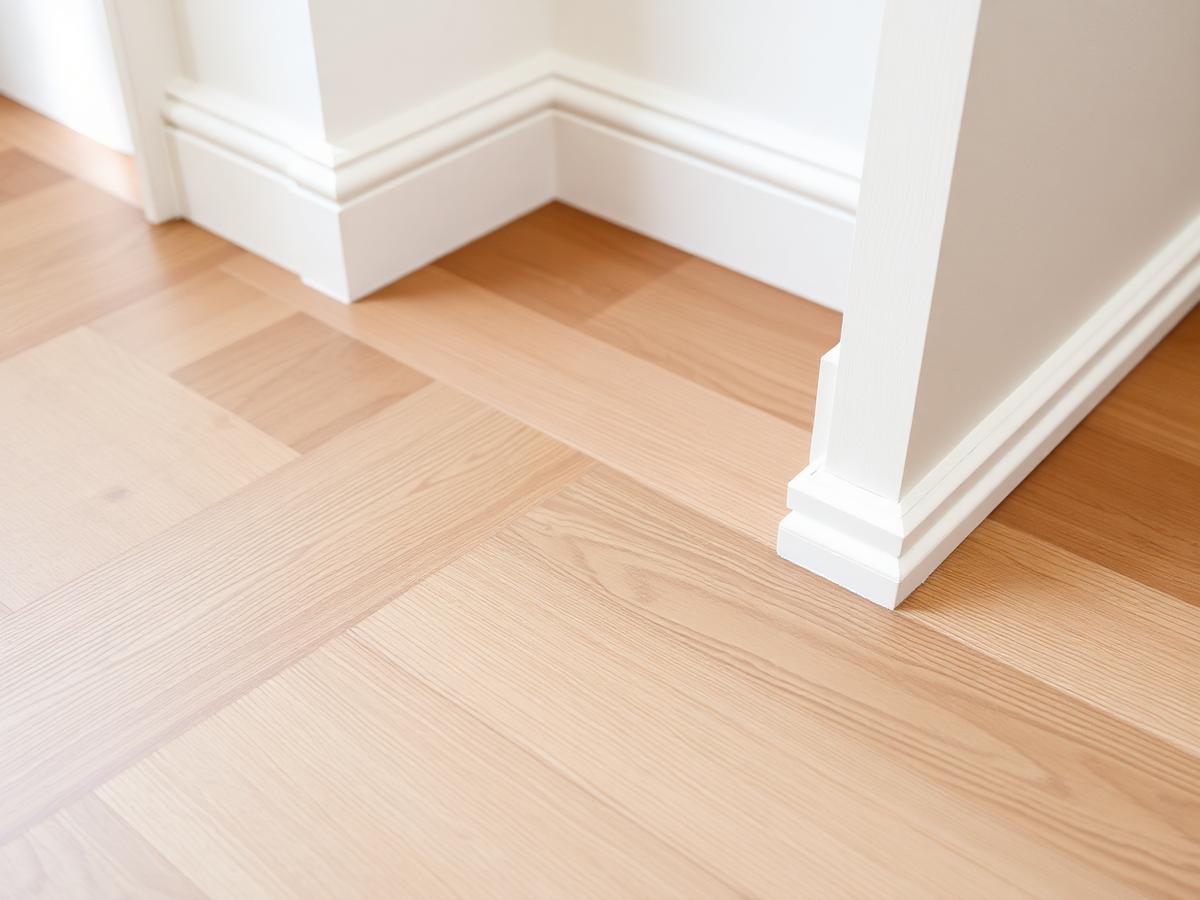 Detail of newly installed flooring meeting a painted skirting